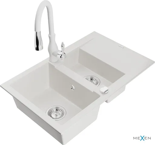 MEXEN/S Gaspar granitový dřez 1.5 s odkapávačem včetně baterie Savita, bílá 6507-20-672601-20