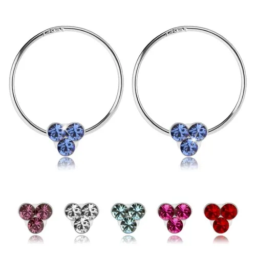 Náušnice ze stříbra 925, tenký kroužek, tři Swarovského krystaly, různé barvy - Barva: Světle modrá