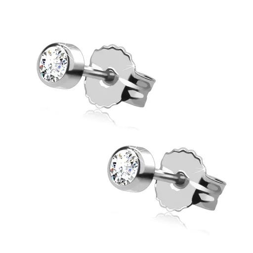 Puzetové náušnice z bílého 585 zlata - kulatý blýskavý zirkon v objímce, 3 mm