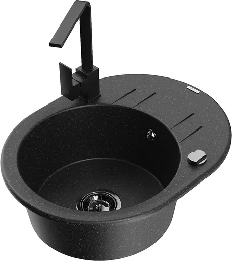 MEXEN/S Kevin granitový dřez s odkapávačem včetně baterie Rita, černá/stříbrná metalik 6517-73-670300-70-B