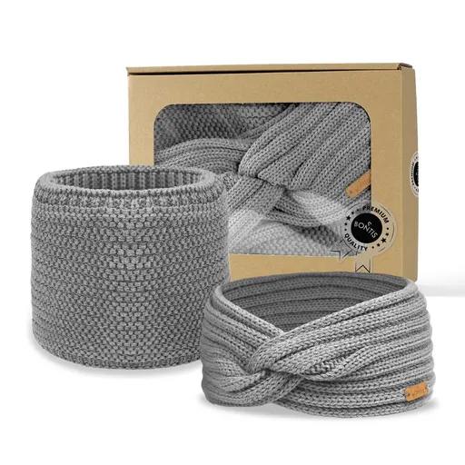 Dárkové balení: Překřížená čelenka a nákrčník - Světle šedý melír