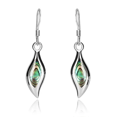 Stříbrné náušnice 925, zvlněné zrnko, mušle abalone, lesklý lem