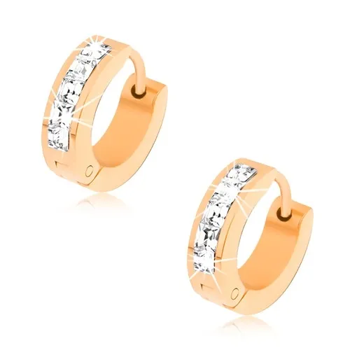 Kloubové náušnice z oceli, zlatá barva, čtvercové čiré kamínky