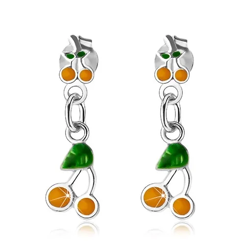 Stříbrné náušnice 925, malé a velké třešničky, žlutá a zelená glazura