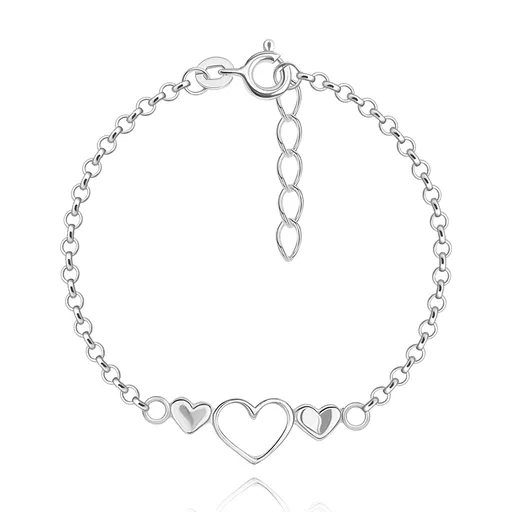 Dětský stříbrný náramek 925 - tři pevně spojená srdíčka, kulatá očka