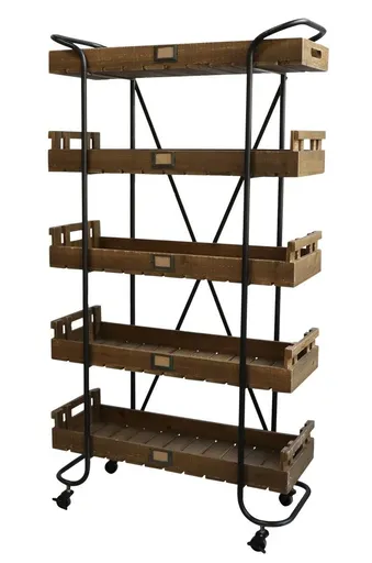 Černý kovový regál na kolečkách s dřevěnými podnosy Cart - 83*34*156cm Chic Antique