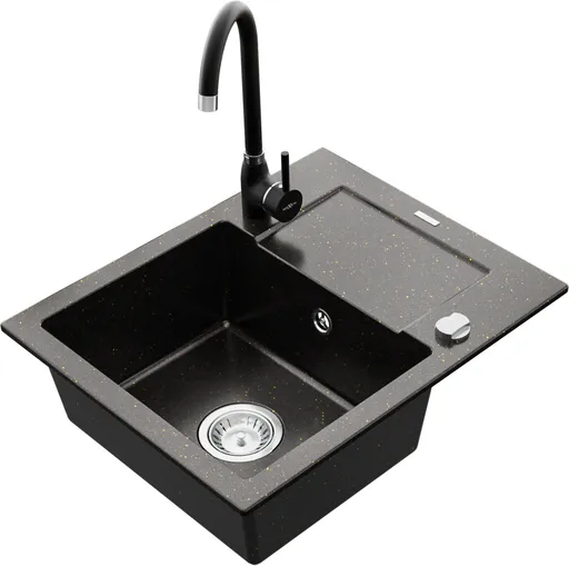 MEXEN/S Enzo granitový dřez 1 s odkapávačem včetně baterie Telma, černá/zlatý 6506-75-670200-70