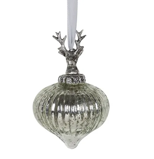Stříbrná antik skleněná vánoční baňka s jelenem Deer - Ø 10*15 cm Mars & More