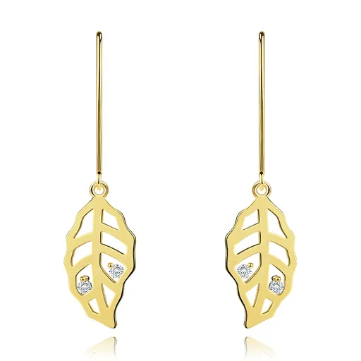 Briliantové zlaté náušnice 585 - listy zdobené výřezy a čirými diamanty