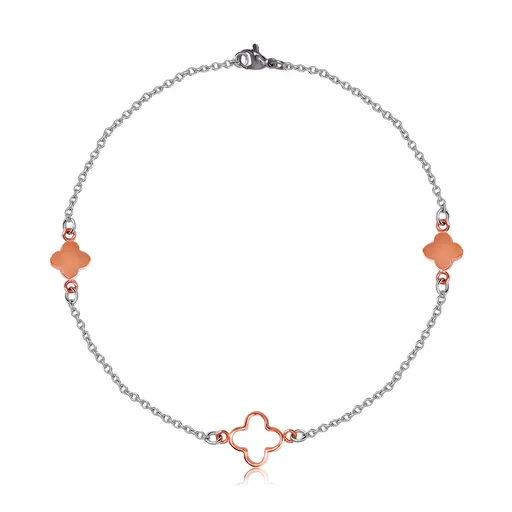 Náramek z oceli v měděné a stříbrné barvě - menší květy, obrys květu uprostřed, jemný řetízek