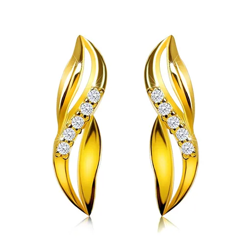 Briliantové náušnice ze žlutého 14K zlata - propletené vlnky, diamantová linie, puzetky, rhodiované