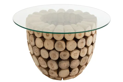 Přírodní konferenční stůl z teakových špalíků a skleněné desky Disos - Ø70*45cm J-Line by Jolipa