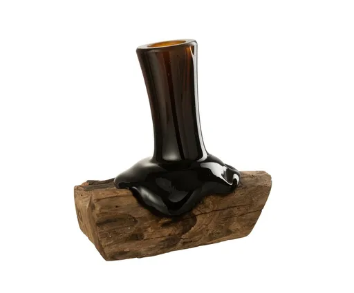 Hnědá váza z recyklovaného skla na dřevu Gamal - 16*12*19 cm J-Line by Jolipa