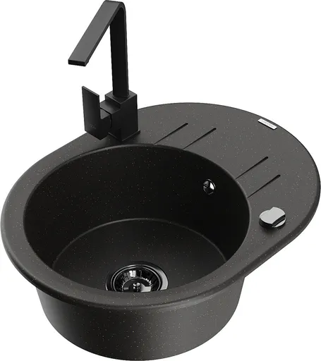 MEXEN/S Kevin granitový dřez s odkapávačem včetně baterie Rita, černá/zlatá metalik 6517-75-670300-70-B