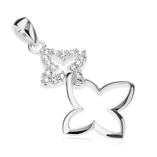 Přívěsek ze stříbra 925, dva propojené obrysy motýlů - zirkonový a lesklý