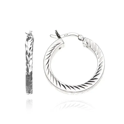 Stříbrné kruhové náušnice 925 - hranatá linie s lístky, 18 mm